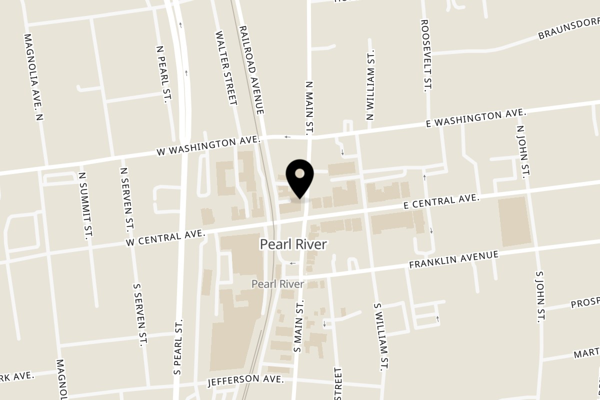 Map showing the location of Pan and Peel Pizza on 5 N Main St in Pearl River